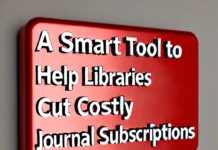 A Smart Tool to Help Libraries Cut Costly Journal Subscriptions create an image where a librarian indicates with his finger the boardd written A Smart Tool to Help Libraries Cut Costly Journal Subscriptions .