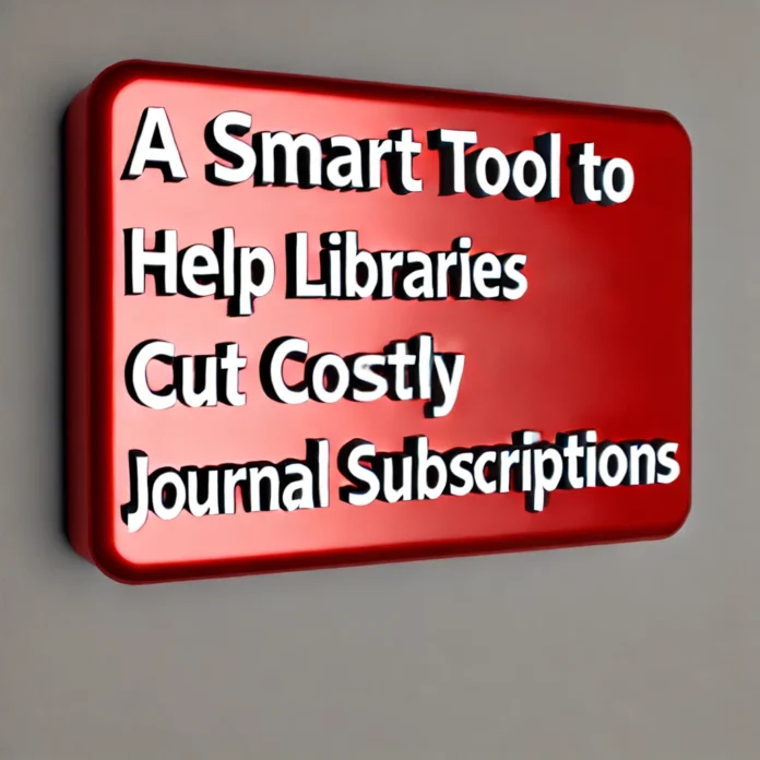 create an image where a librarian indicates with his finger the boardd written A Smart Tool to Help Libraries Cut Costly Journal Subscriptions .